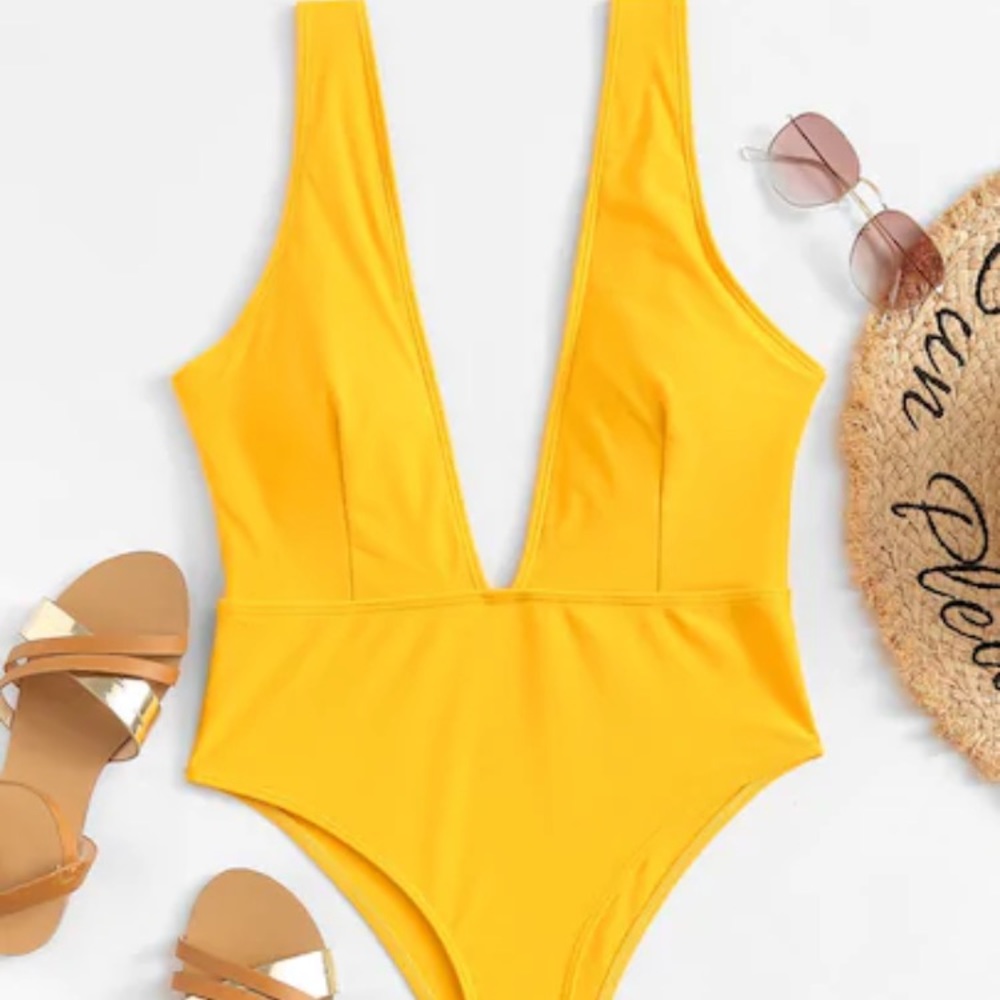 Plunge Neck Open Back High Leg One Piece Swim